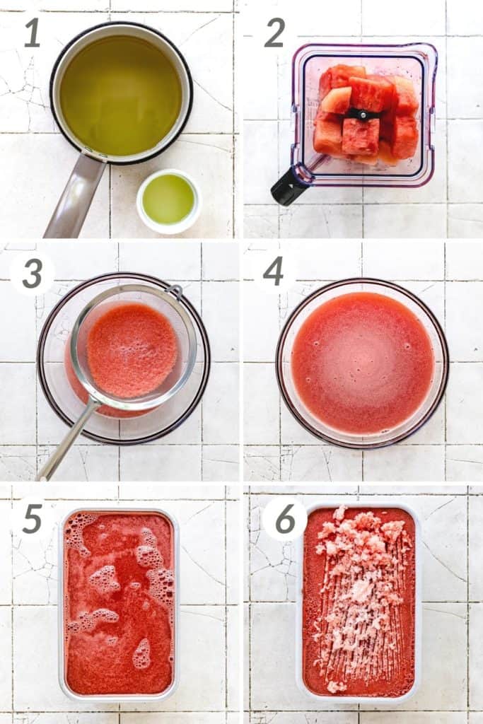 Collage showing how to make watermelon sorbet.