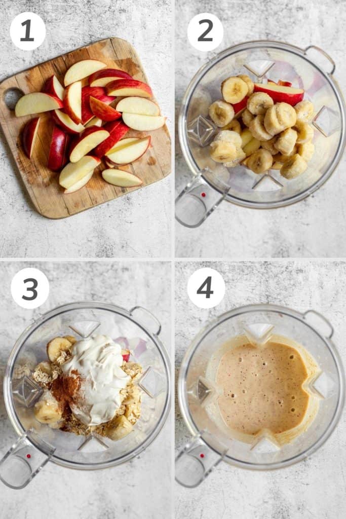 Collage showing how to make an apple banana smoothie.