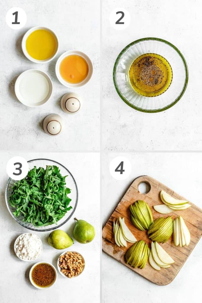 Collage showing what's needed for an arugula pear salad.