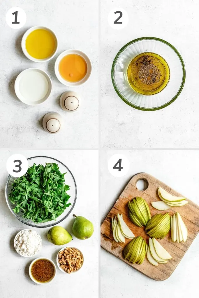 Collage showing what's needed for an arugula pear salad.