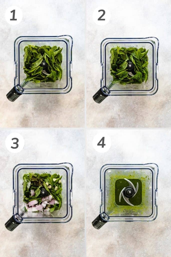 Collage showing how to make basil vinaigrette in a blender.