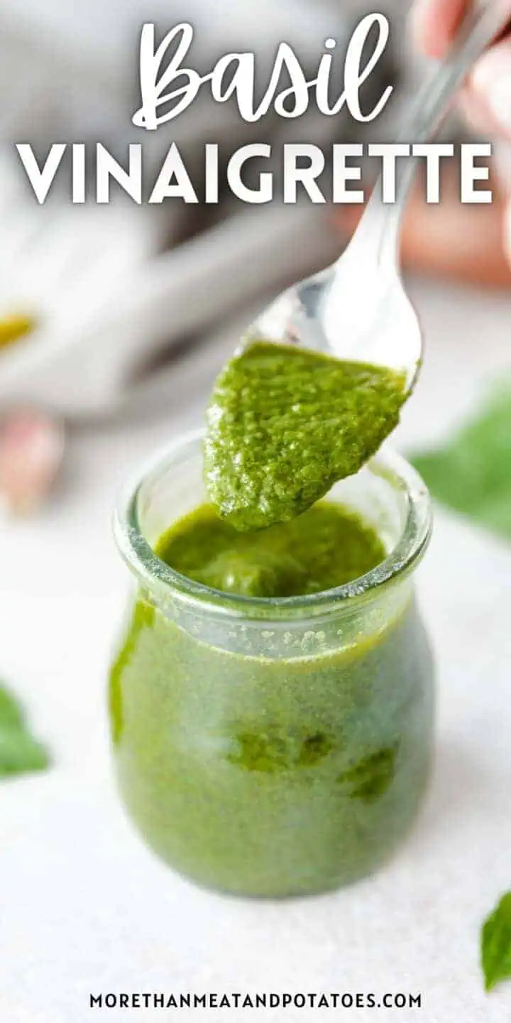 Basil vinaigrette on a spoon.