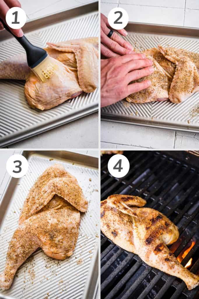 Collage showing how to make grilled half chicken.