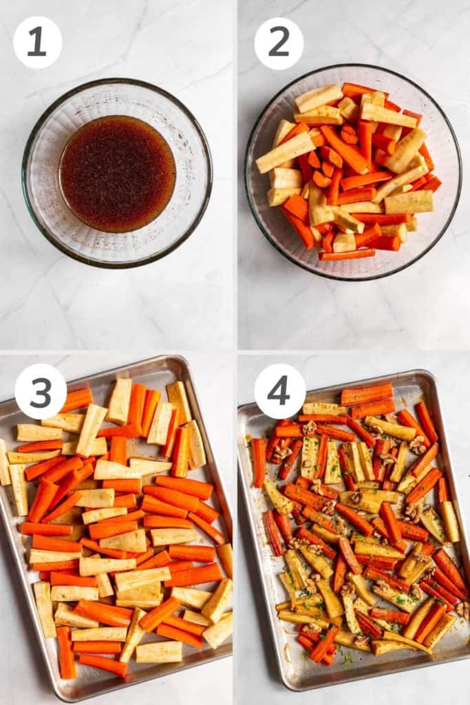Collage showing how to make carrots and parsnips with honey.