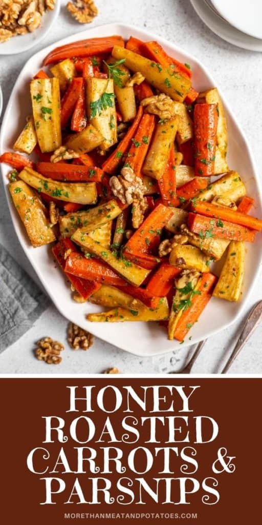 Close up view of honey roasted carrots and parsnips.