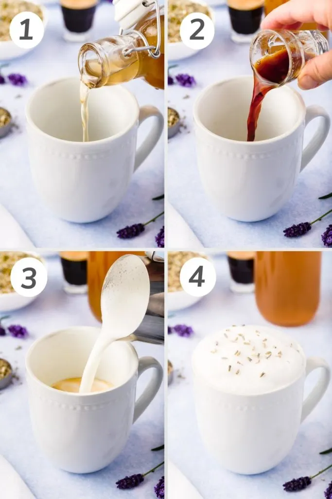 Collage showing how to make a lavender latte.