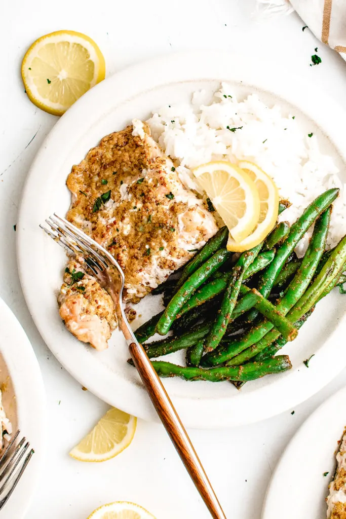 Top down view of a piece of salmon on a plate.