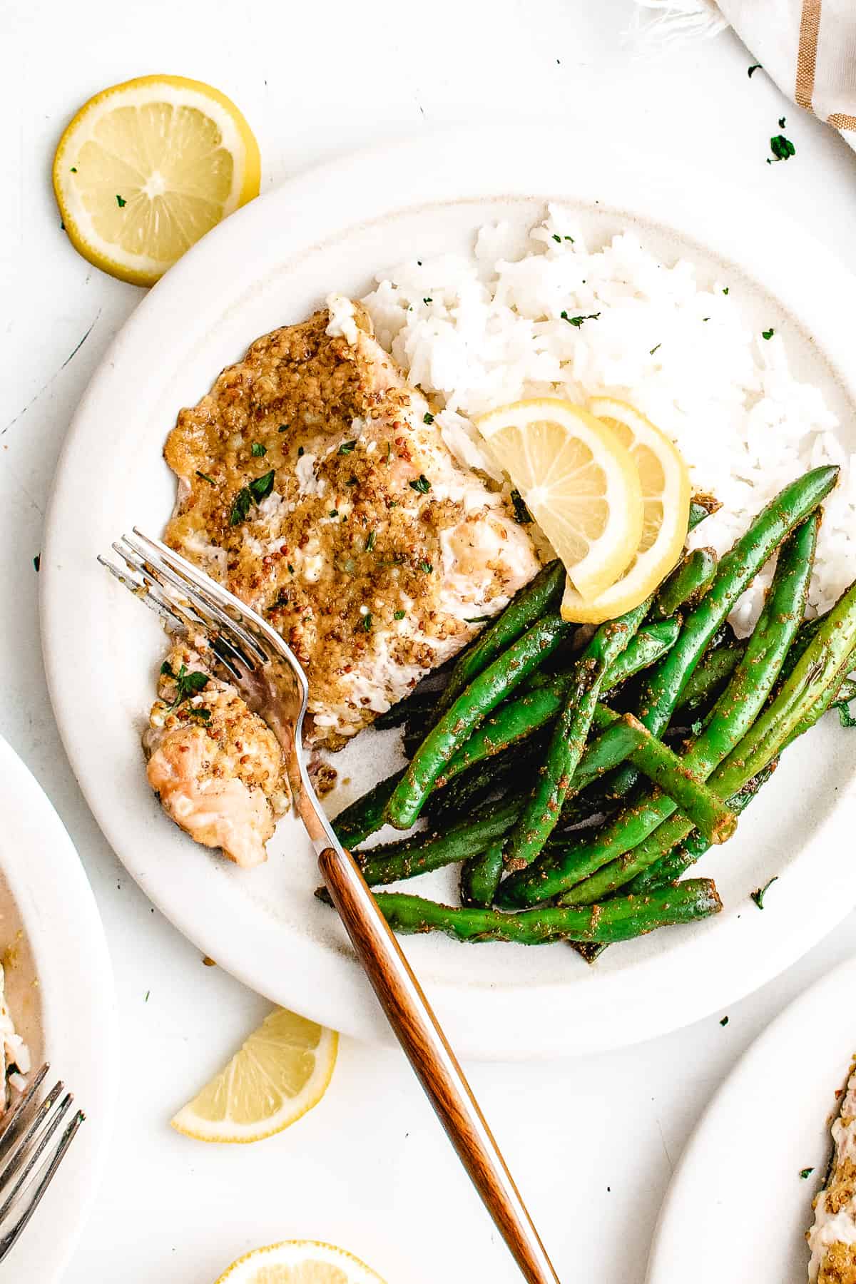 Top down view of a piece of salmon on a plate.