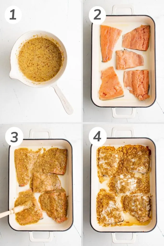 Collage showing how to make maple dijon salmon.