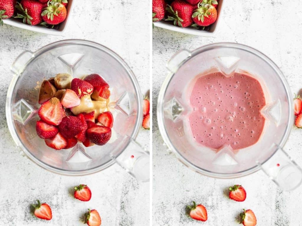 Collage showing how to make a smoothie.