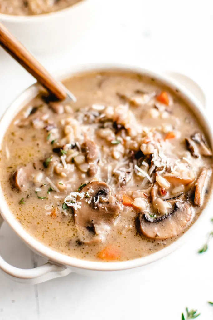 Close up view of soup in a bowl.