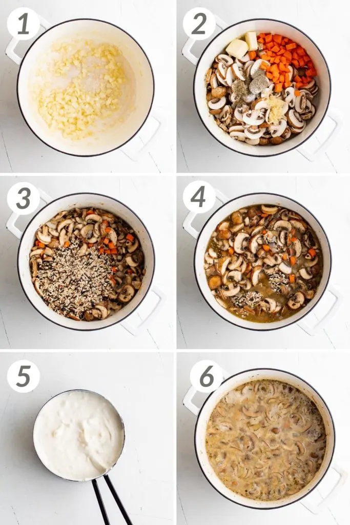 Collage showing how to make wild rice and mushroom soup.