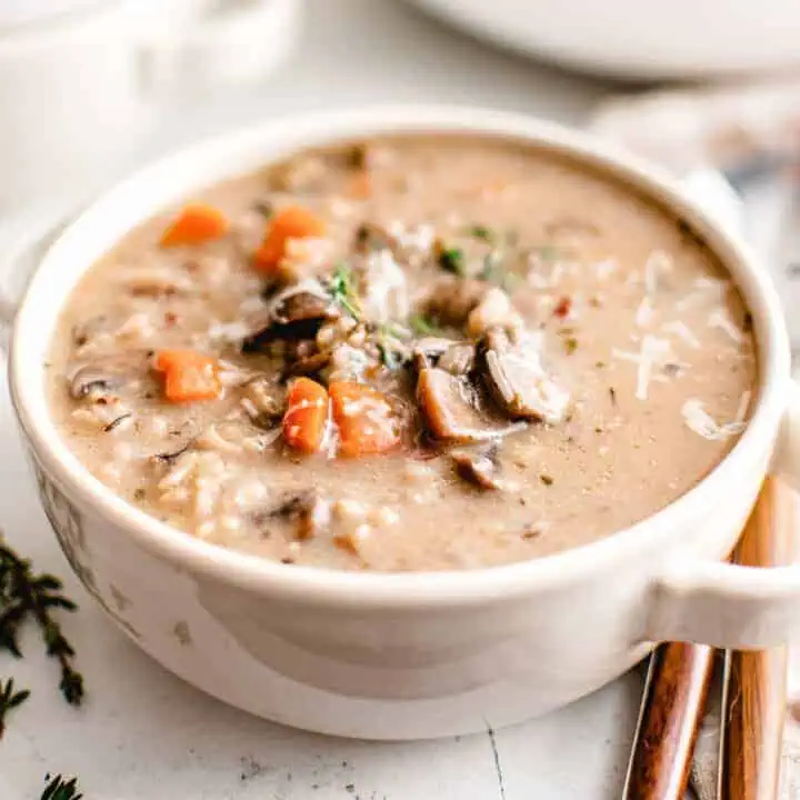 White bowl filled with mushroom soup.