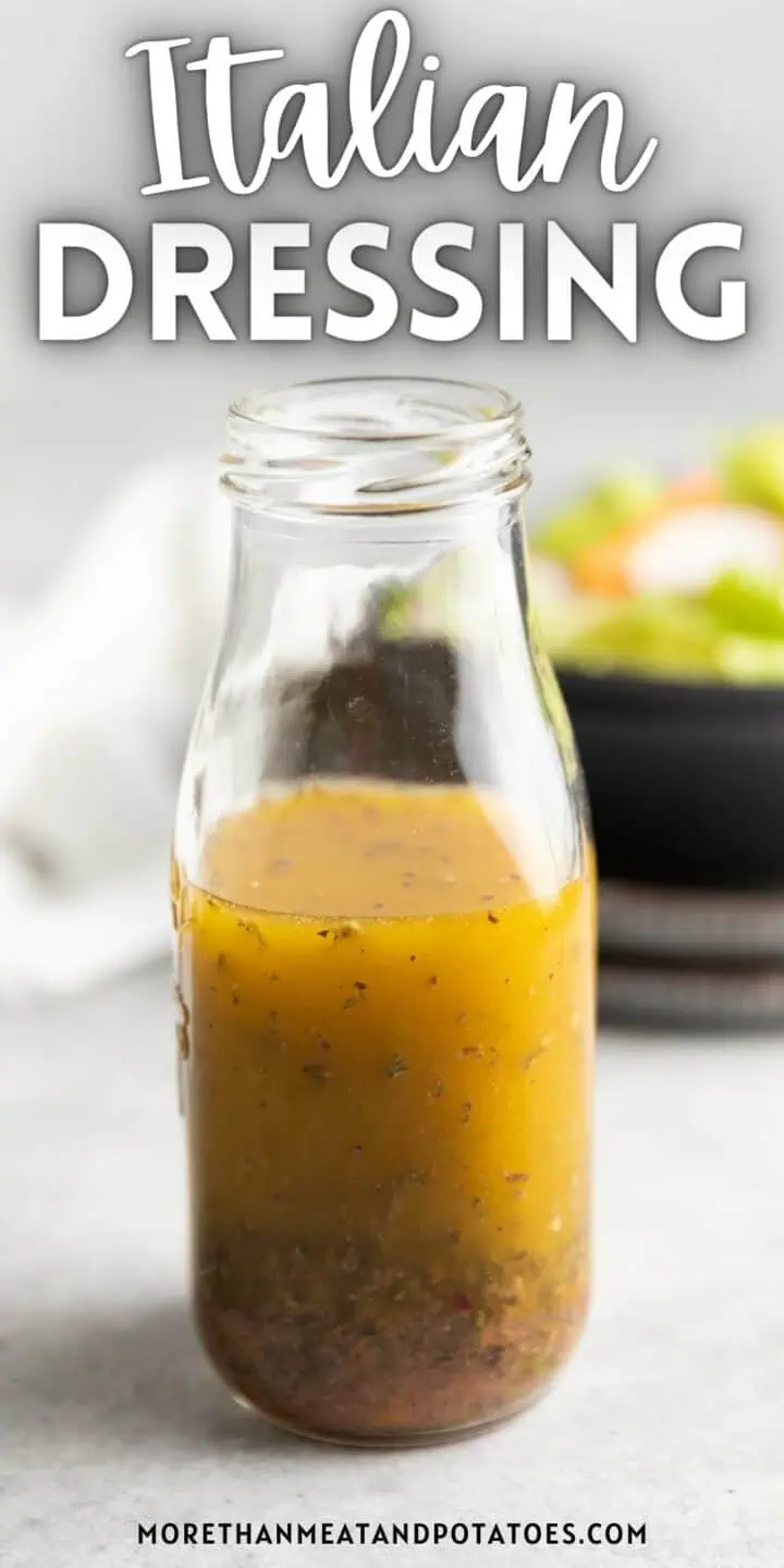 Close up view of a jar of italian dressing.