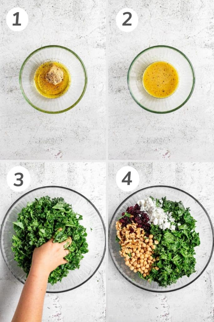Collage showing how to make a kale salad.