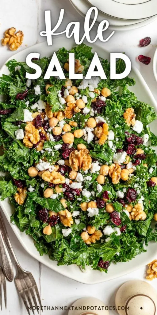 Close up view of a kale salad with cranberries.