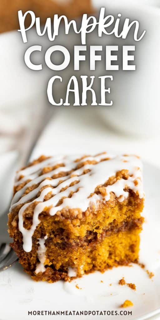 Close up view of a slice of pumpkin coffee cake.