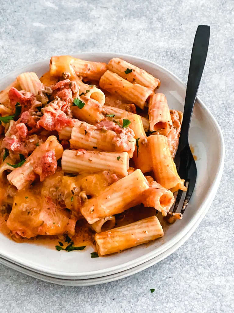 Side view of a plate of beef pasta.