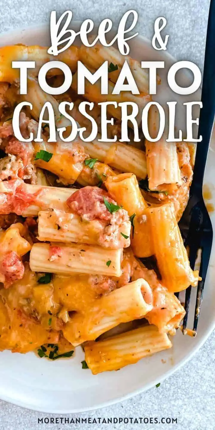 Top down view of beef and tomato casserole on a plate.