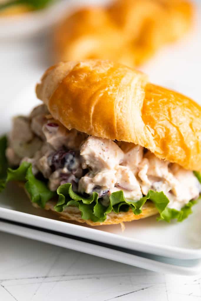 Side view of chicken salad sandwich on square plates.