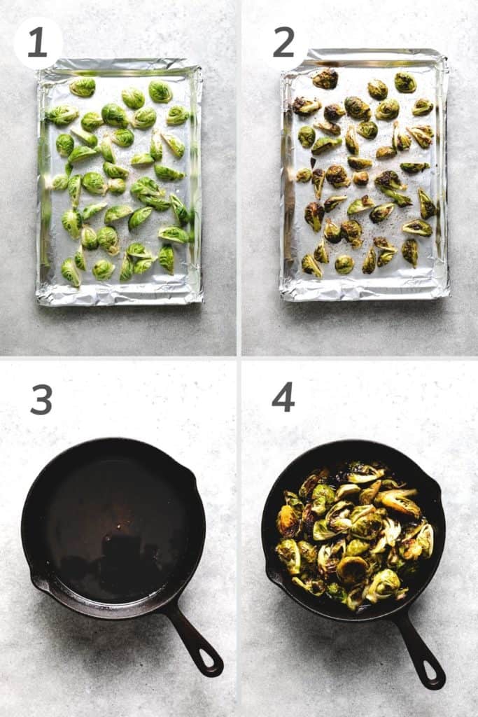 Collage showing how to make maple bourbon brussels sprouts.