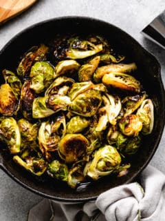 Top down view of roasted brussels sprouts.