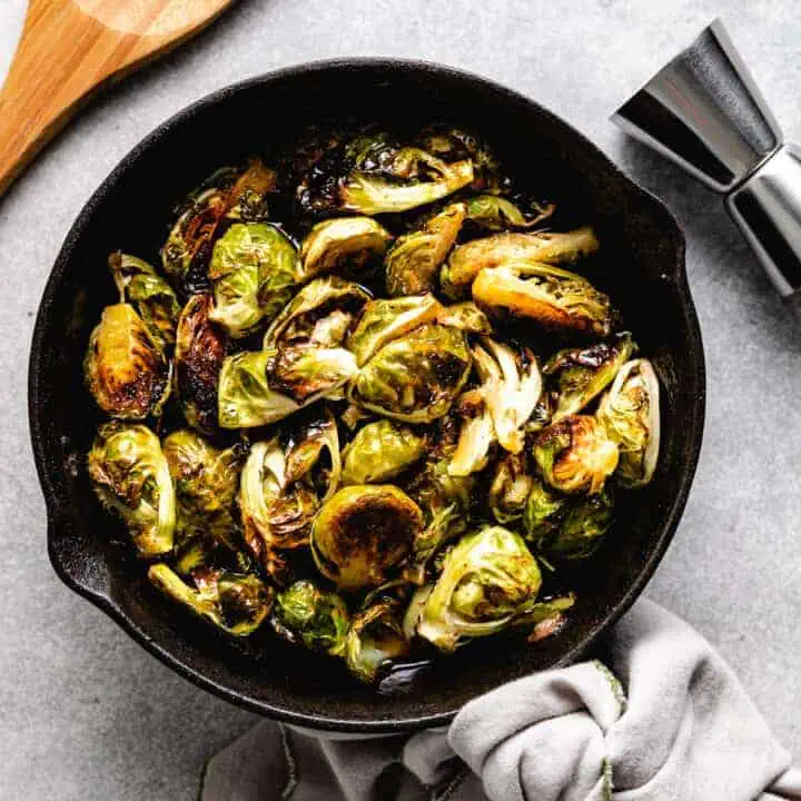 Top down view of roasted brussels sprouts.