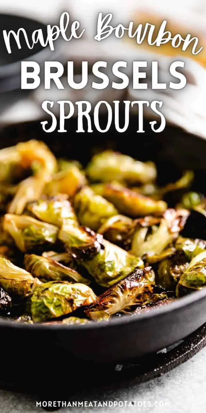 Close up view of a pan of brussels sprouts.