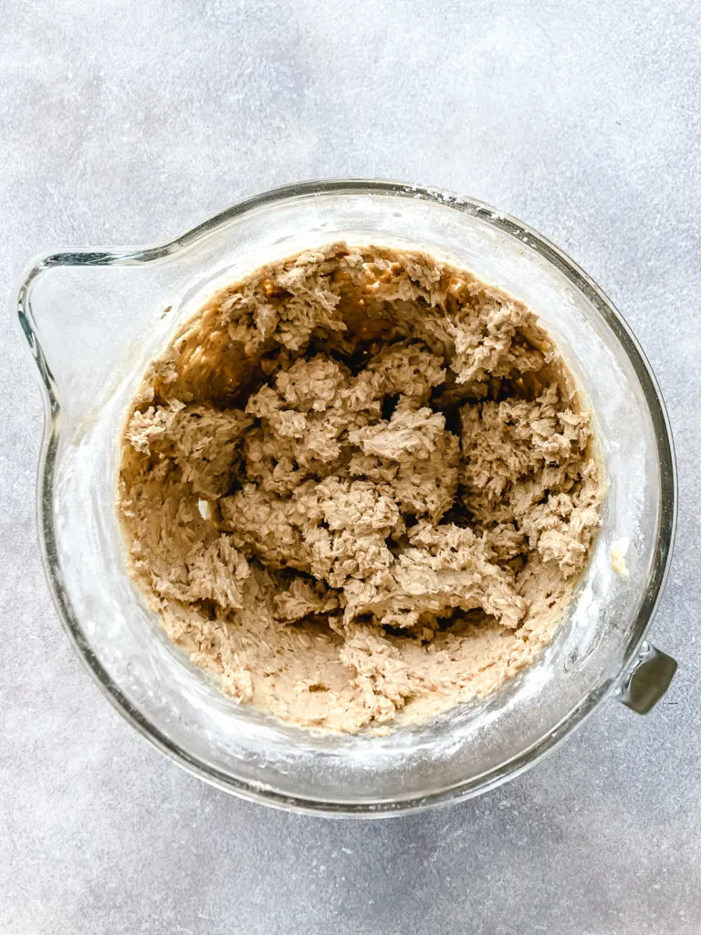 Oatmeal cookie dough in a bowl.