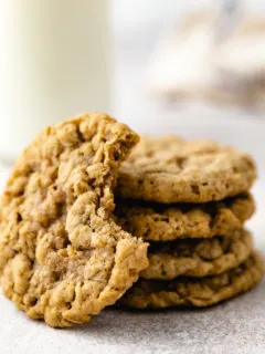 Close up view of freshly baked oatmeal cookies.