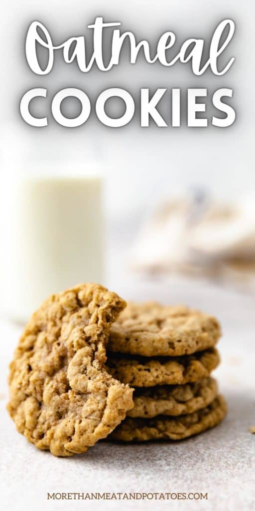 Stack of baked oatmeal cookies and milk.