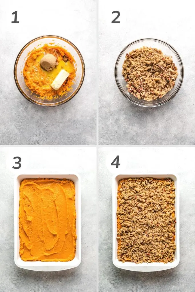 Collage showing how to make sweet potato casserole.