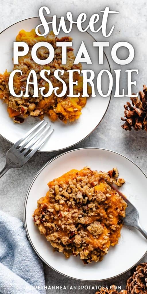 Top down view of two plates of casserole with pecan topping.