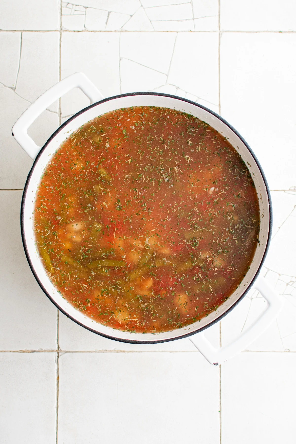 Pan of soup ready to be cooked.