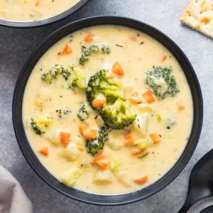 Top down view of soup in a bowl.