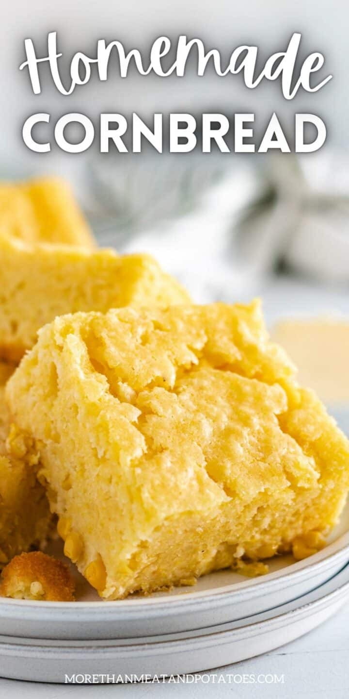 Close up view of pieces of cornbread on two plates.