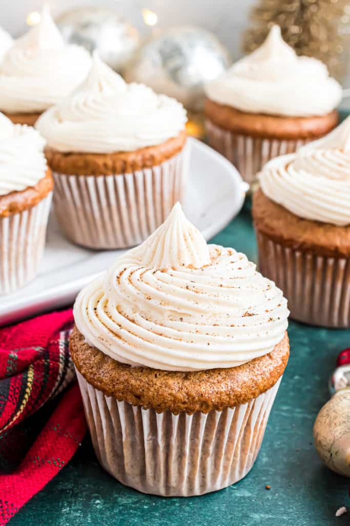 Gingerbread cupcakes with eggnog frosting.