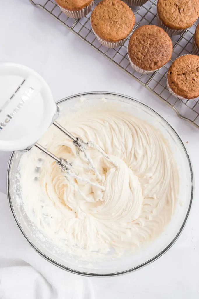 Top down view of frosting in a bowl.