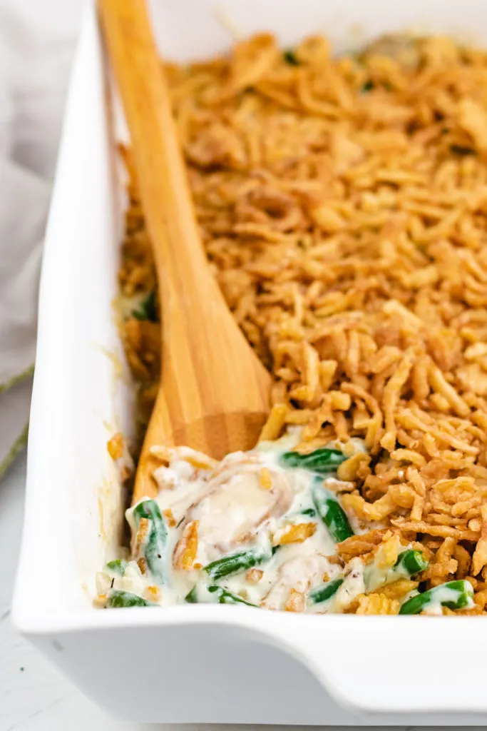 Casserole dish filled with thanksgiving casserole.