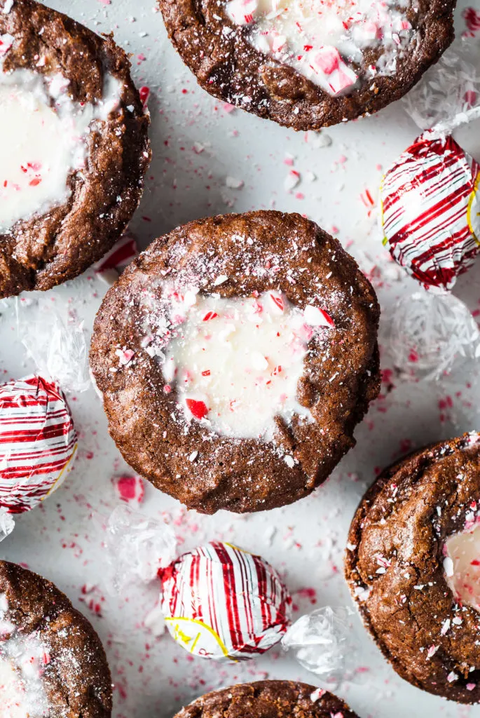 Top down view of peppermint brownies.