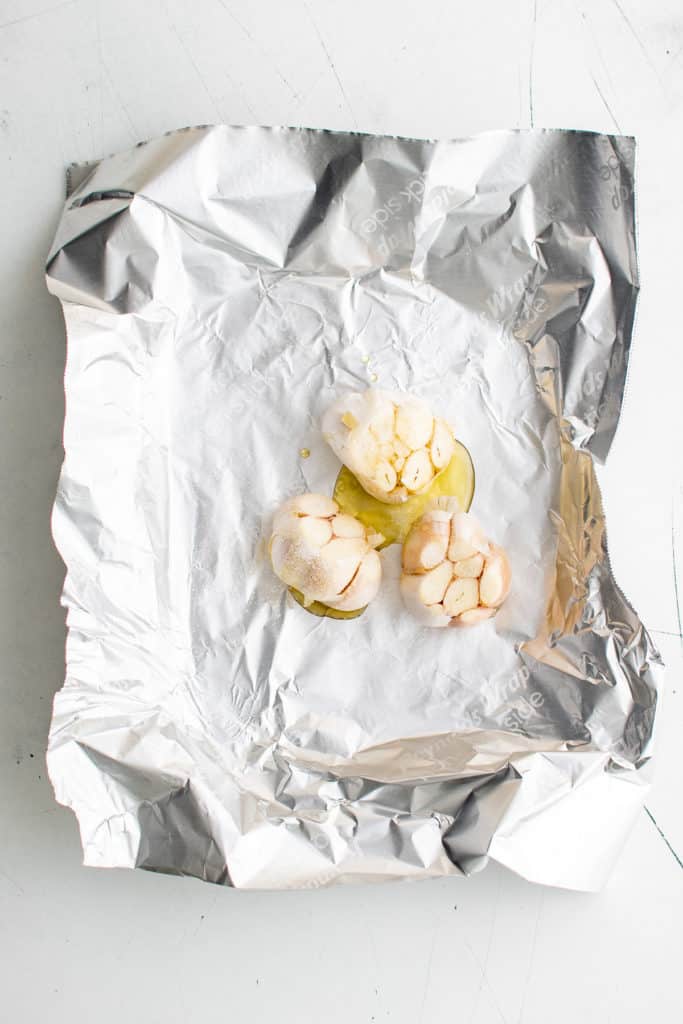 Garlic and olive oil in foil.