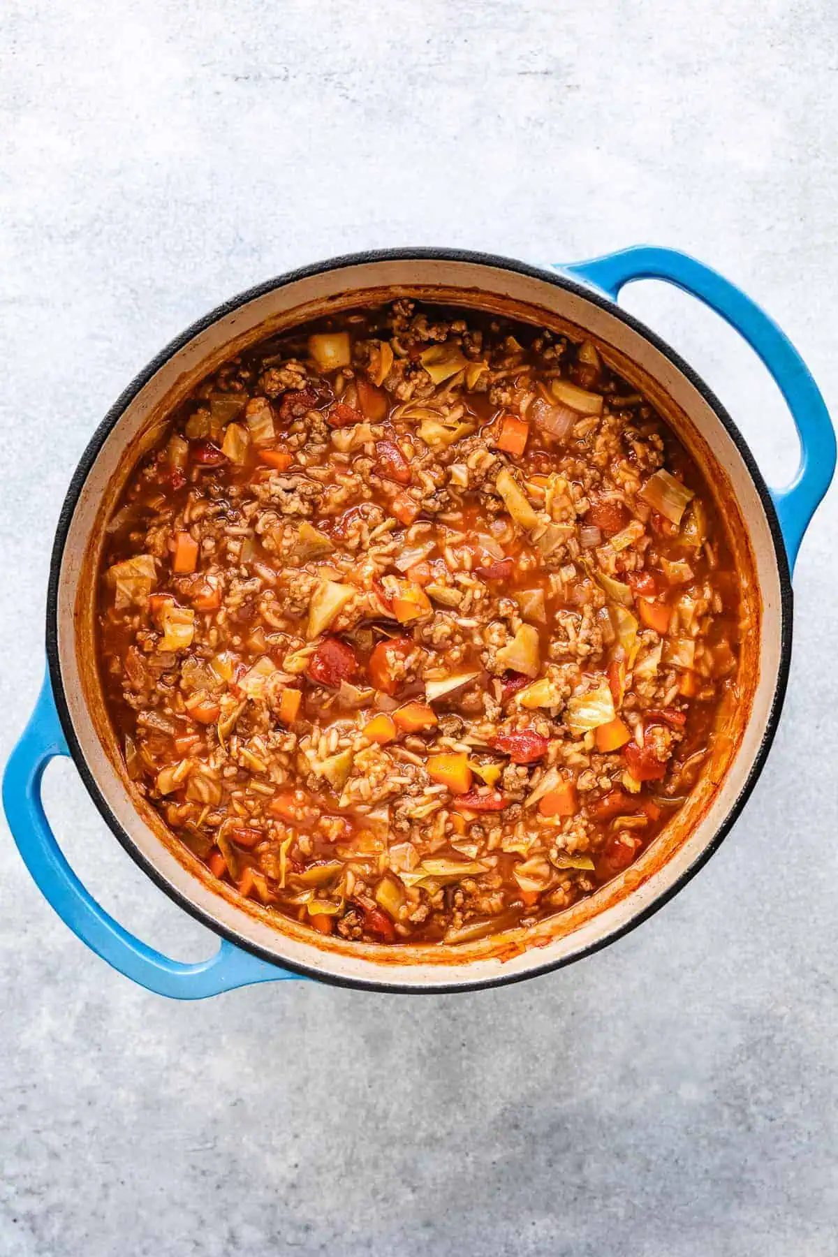 Cabbage roll soup in a pan.