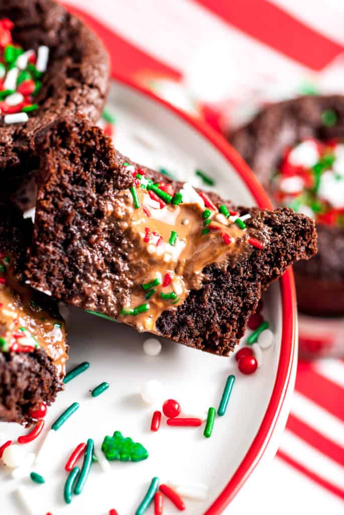 Melted truffle in the center of christmas brownie.