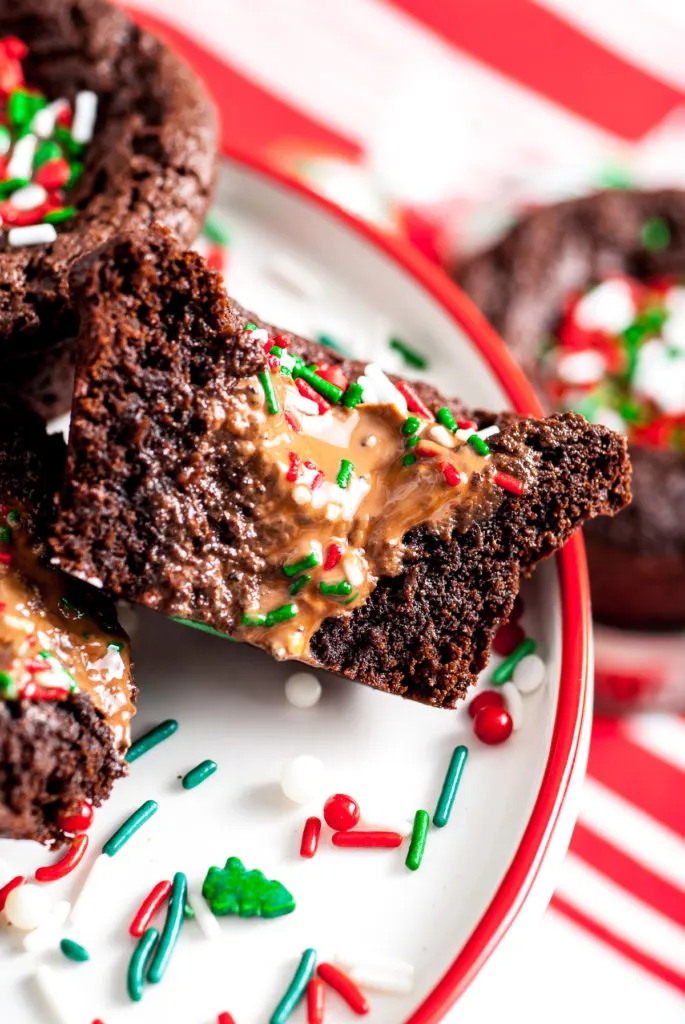 Melted truffle in the center of christmas brownie.