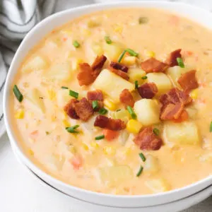 Close up view of potato corn chowder.