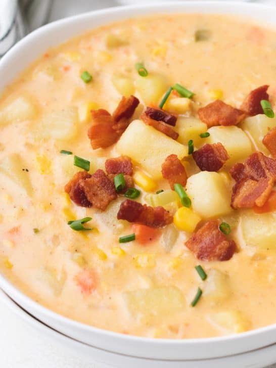 Close up view of potato corn chowder.