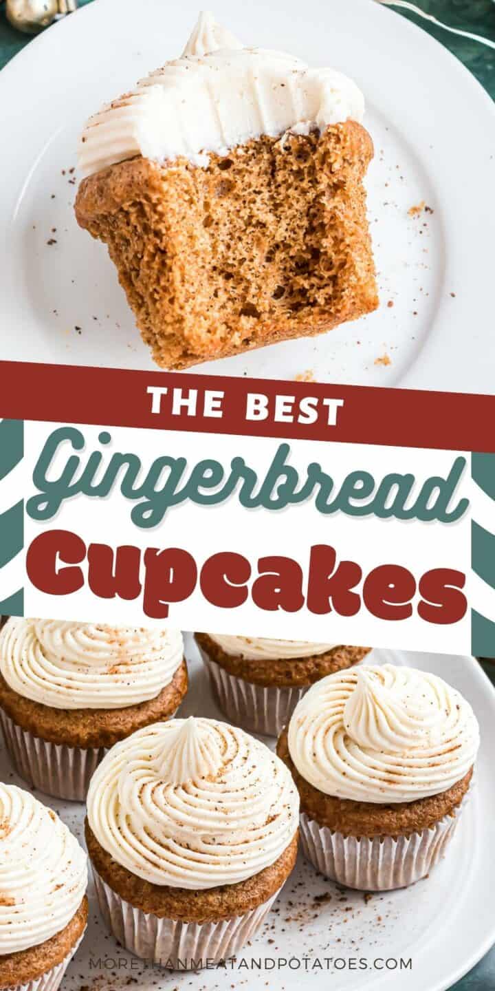 Collage showing two photos of gingerbread cupcakes.