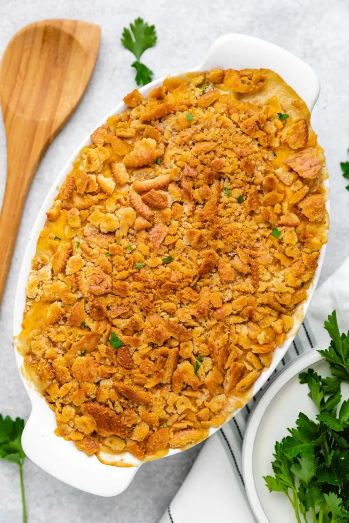 Top down view of cracker topped casserole.