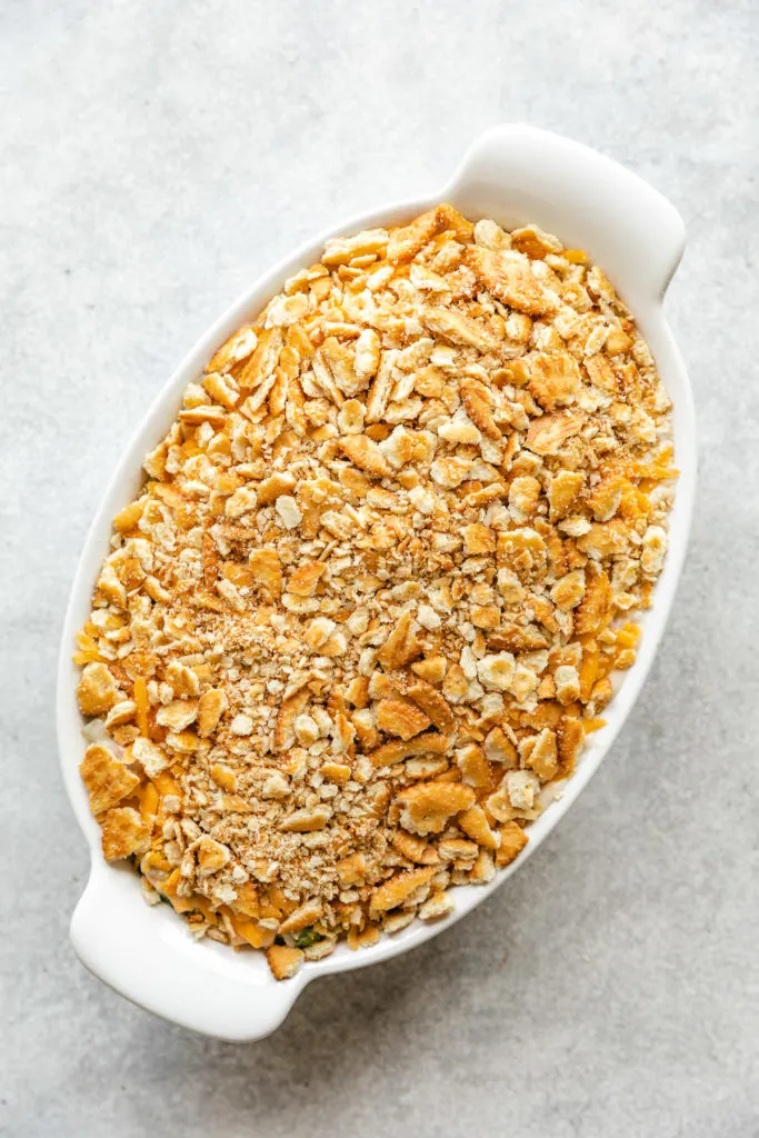 Crushed crackers on top of casserole.