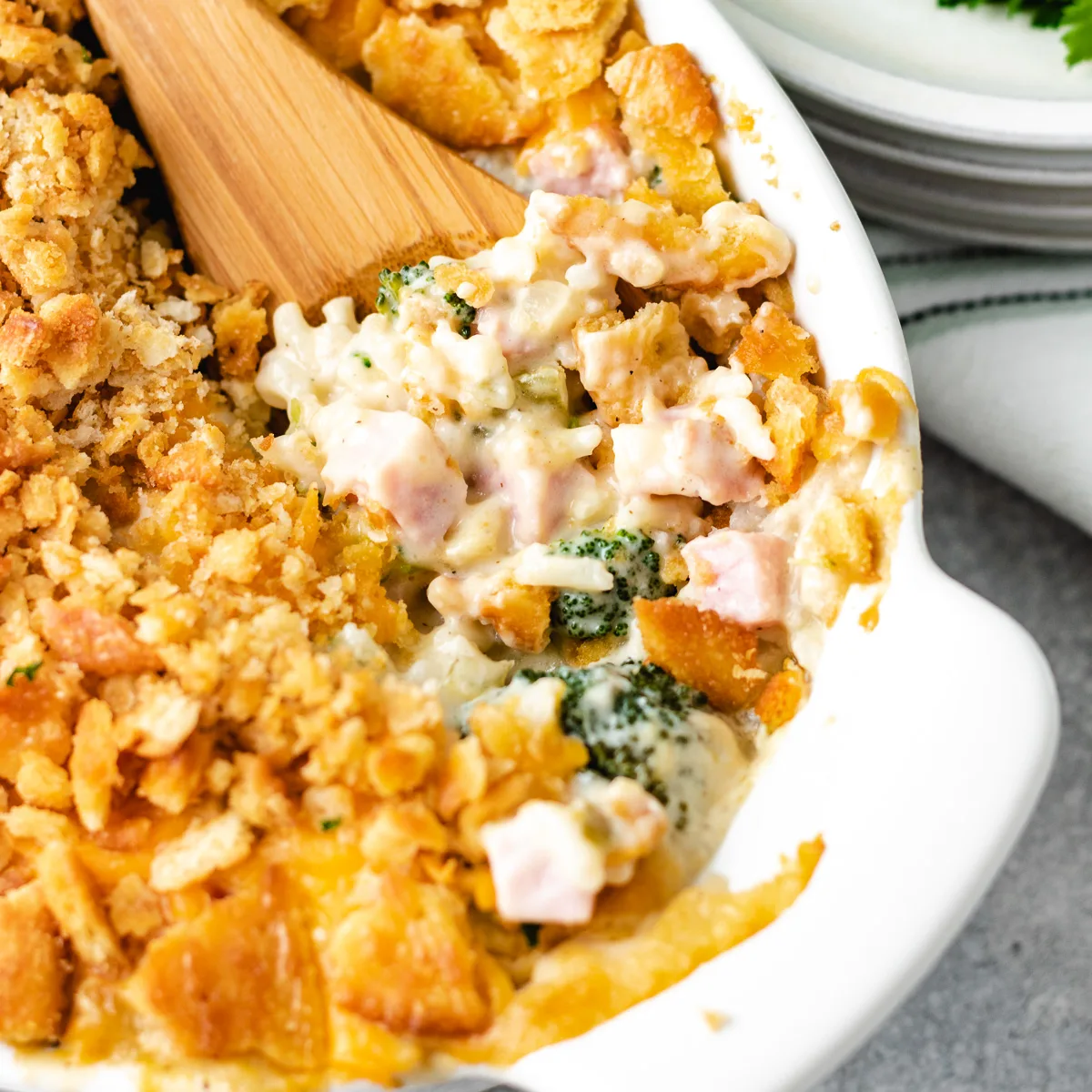 Close up view of ham casserole with broccoli.